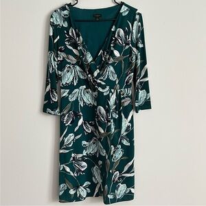 Ann Taylor Factory Teal Floral Print Long Sleeve V Neck Faux Wrap Dress